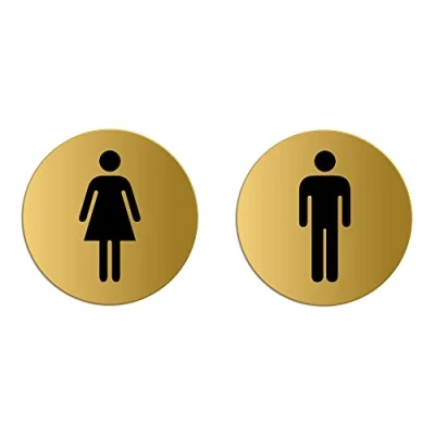 Immagine di Targhette Toilette WC Donne Uomini Set di 2 Targa Ø 75 mm color oro auto adhesiva