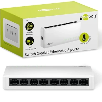 Immagine di goobay switch di rete Ethernet 64564 Gigabit a 8 porte, LAN con max. 1000 Mbit/s / design senza ventole applicazione Plug &amp; Play Distributore dati ottimizzato Bianco