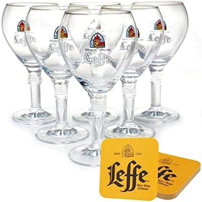 Immagine di Leffe bicchieri da birra 0,25 l, set 6 pezzi, con sottobicchieri originali (coperchio per birra), Leffe, gastronomia e collezione, 25 cl, lavabili in