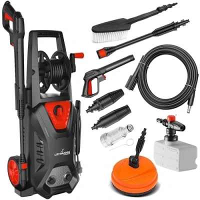 Immagine di LEHMANN Hudson Idropulitrice ad Alta Pressione con Pompa in Alluminio, 1800 W, Max. 220 Bar, Portata 450 l/h, Set di Accessori Spazzola Rotante per Terrazze, Schiumatore, Cerchioni
