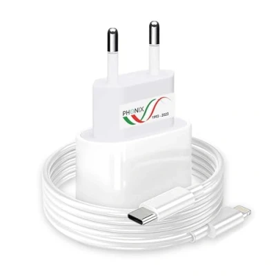 Immagine di Caricatore per iPhone 20W Rapido [Certificato MFi] PHONIX Italia Caricabatterie 14 13 12 11 Pro Max Mini XS XR X 8 SE Apple + Cavo Ricarica Type C/Lightning