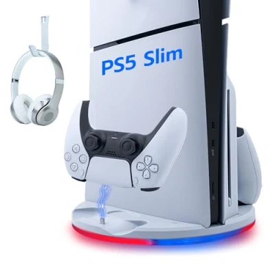 Immagine di Wigearss Supporto Verticale con Doppio Controller di Caricatore, Illuminazione RGB per PS5 Slim DE/UHD