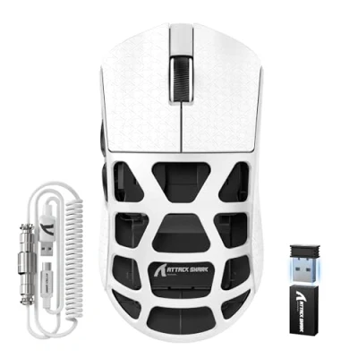 Immagine di ATTACK SHARK R3PRO 46g SUPERLIGHT Gaming Mouse in Lega di Magnesio, Wireless 8000Hz Tasso Polling, 26000DPI, G502 da Gioco, 2.4G/BT/Cablato, PixArt PAW3395, con Cavo a Spirale, PC/Mac, Bianco