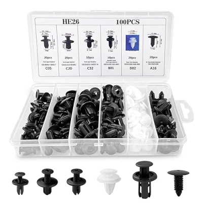 Immagine di Fousenuk 100 Pezzi Rivetti in Plastica per Auto, 6 Diverse Tipologie di Clip Targa Universal, Viti Assetto Auto Kit Assortimento Carrozzeria Interni Pannello Paraurti Porta