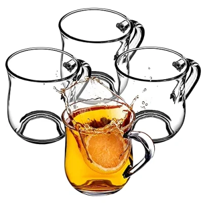 Immagine di KADAX bicchieri con manico per tè e caffè, da in vetro spesso, tazze bevande fredde calde, set di tè, acqua (Abia 320ml / 4)