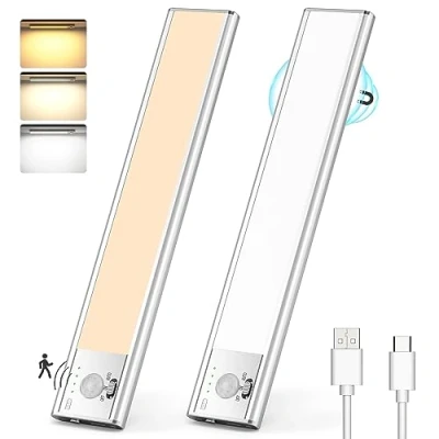 Immagine di Lureshine Luce Armadio LED con Sensore di Movimento 76 Luci Sottopensile Cucina Magnetica Ricaricabile, 3 Temperature Colori Dimmerabile Lampada Guardaroba per Cucina, Scale, Corridoio 2 Pezzi