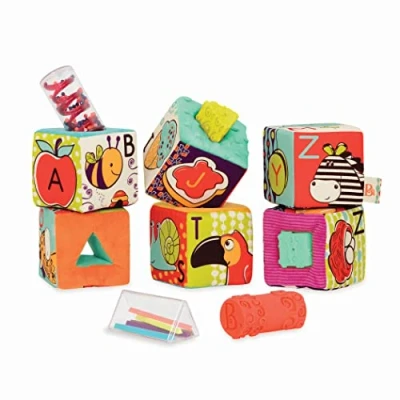 Immagine di B. Toys ABC Block Party Baby Blocks Soft Fabric Building for Toddlers Educational Alphabet with 6 Textured Toy &amp; 5 Shapes Grab Stack Bpa Free
