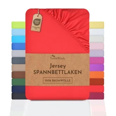 Immagine di &quot;NatureMark Lenzuolo con angoli elasticizzati in jersey, 100% cotone, molti colori e misure, conforme all’Oeko Tex Standard 100, 180 x 200 cm cm, rosso &quot;