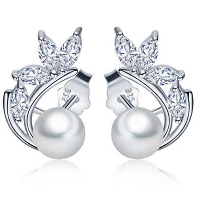 Immagine di Infinite U Orecchini a perno forma di foglia con perla da 6 mm e zirconi cubici in argento sterling 925, donna/ragazza