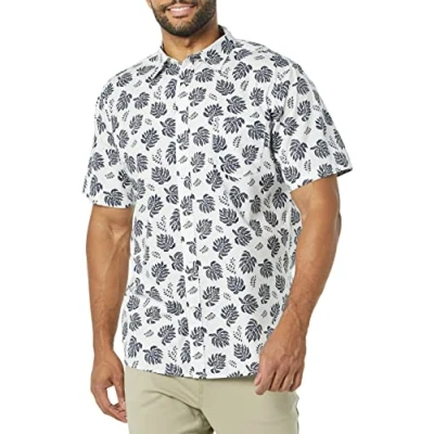 Immagine di Amazon Essentials Camicia in Popeline a Maniche Corte Slim Uomo, Bianco Blu Marino Palme, M