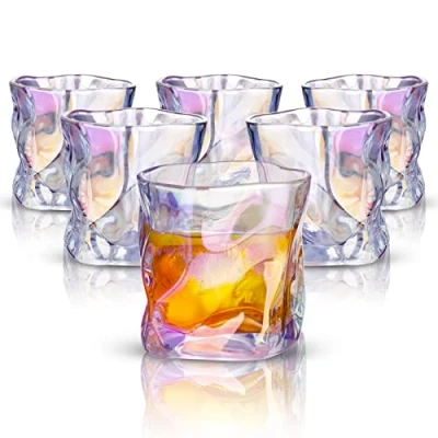 Immagine di NiHome bicchieri da whisky in cristallo 6 once Set di bar iridescenza forma irregolare design intrecciato soffiato a mano senza piombo