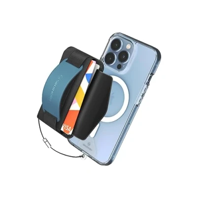 Immagine di Sinjimoru [2022 Updated] iPhone 14 Magnetic Phone Wallet for MagSafe, Card Holder with Cell Kickstand &amp; Grip Strap 12 13 Series. M BGrip Blue