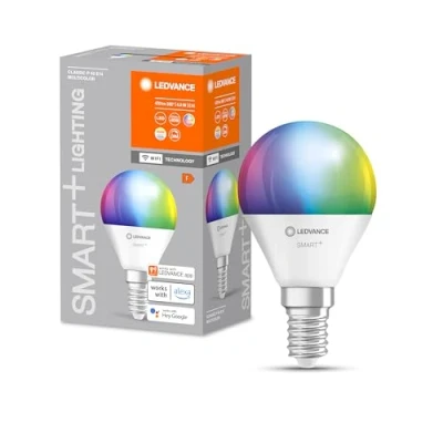 Immagine di LEDVANCE Lampada LED SMART+ WIFI, smerigliata, 4,9 W, 470 lm, forma classica a sfera (Classic P), attacco E14, luce colorata e bianca, app o controllo vocale, durata fino 20.000 ore