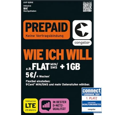 Immagine di congstar prepagato Come Me Will SIM Card Senza contratto I saldo Mix Desiderato in Rete D di qualità Scegliere Liberamente 1 15 GB &amp; 9 Ct. al min/SMS Flat Ogni 4 Settimane Mescolare