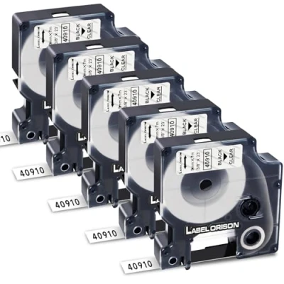 Immagine di Label Orison Nastro per etichette D1 40910 S0720670 nero su trasparente, 9 mm x 7 m, compatibile con DYMO LabelManager 160 210D 360D 280 420P 450D 500TS Labelpoint 100 150 200 250, confezione da 5