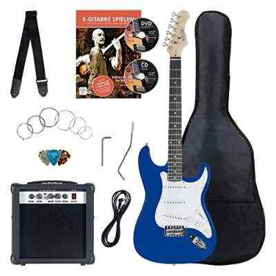 Immagine di Rocktile Banger&#039;s Pack Set Chitarra Elettrica Blu Kit Completo per Chitarre Elttriche con Amplificatore 25W, Custodia Morbida, Cavo, Tracolla, Tremolo, Plettri Blue Highgloss