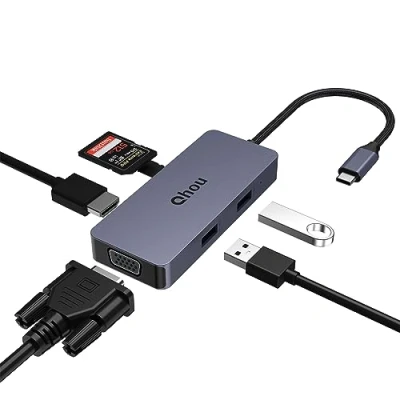 Immagine di Qhou Hub USB C con supporto HDMI 4K e VGA Dual Monitor, 2.0, lettore di schede SD/TF, dock per MacBook Pro/Air, Dell/HP/Lenovo
