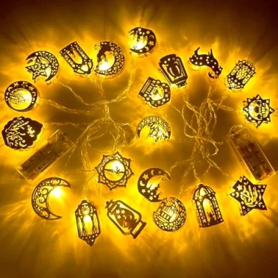 Immagine di 2 Pezzi Luci Ramadan 2M 10LED, Decorazioni LED a Batteria, Lucine Decorative Musulmane Mubarak Eid Star Moon Lamp per Interni ed Esterni
