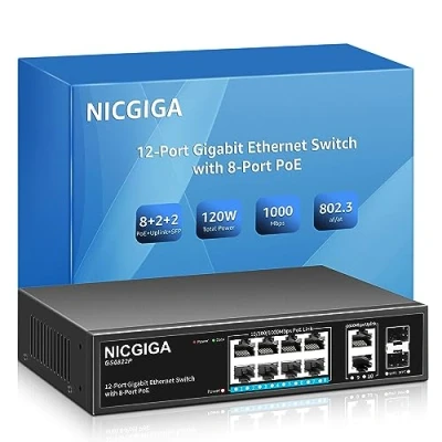 Immagine di 8 Port Gigabit PoE Switch Unmanaged with IEEE802.3af/at PoE+@120W, 2 x 1000Mbps Uplink + 1G SFP, NICGIGA 12 Network Power Over Ethernet Switch, Desktop/Wall Mount.