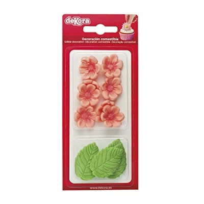 Immagine di Dekora Confezione da 8 Fiori Rosa e 5 Foglie Verdi di Pasta Zucchero Cake Topper Commestibili Decorazione per Torta Compleanno in