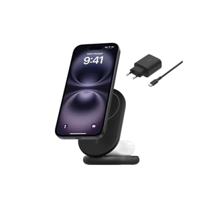 Immagine di Belkin BoostCharge Caricabatteria magnetico pieghevole 2 in 1 con Qi2 15 W, caricatore wireless MagSafe, ricarica rapida per Apple iPhone 15/14/13/12, base antiscivolo, alimentatore incluso, nero