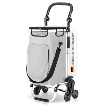 Immagine di wuuhoo® 2in1 carrello spesa Buddy con sistema a 3 ruote e isolamento termico, impilabile, scomparto refrigerante, pieghevole per il viaggio grigio claro
