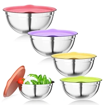 Immagine di Newaner 5 Pezzi ciotole cucina, Insalatiera in Acciaio Inossidabile con Coperchio Ermetico Colorato, 4.5L/3.5L/2.5L/2L/1.4L, Impilabili Metallo, Lavabili Lavastoviglie, adatto mescolare