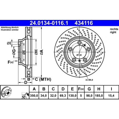 Immagine di ATE 24.0134 0116.1 Disco freno 350,0 34,0 5 130,0 perforato/ventilazione interna rivestito legato /ad alto tenore di carbonio PORSCHE: 911 Coupe