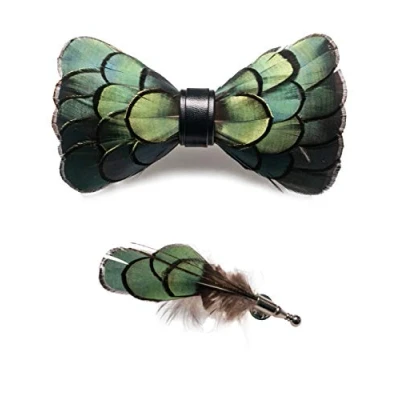 Immagine di JEMYGINS Papillon fatto a mano, in pelle, con piume, confezione regalo, da uomo, per matrimonio e feste, Verde, M