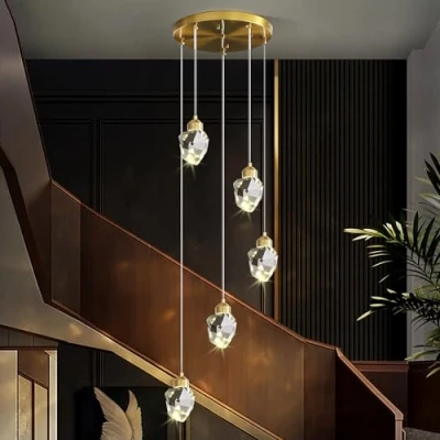 Immagine di Moderna Lampada A Sospensione In Cristallo, Cristallo Led 3 Colori, Per Cucina Isola Camera Da Letto Soggiorno Illuminazione Sala Pranzo (Base Rotonda 5 Teste)