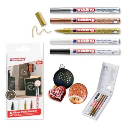 Immagine di edding 780 Marcatore a Vernice Lucida, Nero, Bianco, Oro, Argento, Rame (Metallizzato), Set da 5 Pennarelli, Punta Rotonda Extra Fine 0,8 Mm, Impermeabile, Coprente, Bullet Journals, Lettering