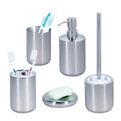 Immagine di Relaxdays Set Bagno Completo 5 Accessori, Acciaio Inox Lucido, Scopino WC, Portaspazzolino, Saponetta, Argento, 100%, 1 pz