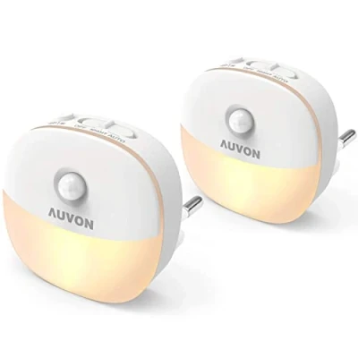 Immagine di AUVON Luce Notturna da Presa con Sensore di Movimento e Crepuscolare, Bambini LED Bianco Caldo Luminosità Regolabile 1 50 lm per Camerette, Corridoio, Cucina [2 Pezzi]