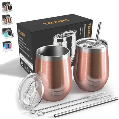 Immagine di TELANKS 2 Pezzi Termos Caffè, 350 ml Tazza Termica da Viaggio in Acciaio Inox, Borraccia Double Insulated Termica, Riutilizzabile Bottiglia con Cannuccia Acciaio, BPA Free, Oro Rosa