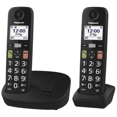 Immagine di Panasonic KX TGU112EXB Telefono digitale wireless con segreteria telefonica, unità base e 2 combinazioni, schermo LCD, tasti grandi, chiamata preferita, compatibile apparecchi acustici, nero