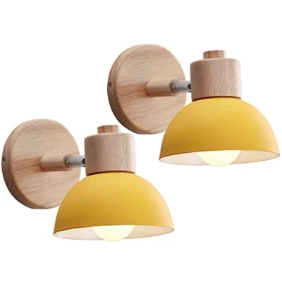 Immagine di iDEGU 2 Pezzi Lampade da Parete Retrò Vintage Applique Interno in Metallo e Legno Moderne Lampada a Muro Orientabile E27 Luce Camera Letto Soggiorno (2 Lampade, Giallo)