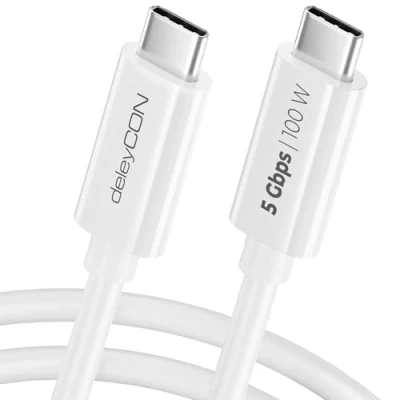 Immagine di deleyCON 0,15m Cavo USB C (Ricarica Rapida 100W &amp; 5 Gbit/s) di Ricarica Corto per iPhone 16 15 Pro Max Samsung Galaxy S24 S23 Pixel iPad MacBook Air Tablets Switch PS5 Bianco