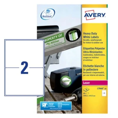 Immagine di Avery L7068 20 (199,6 x 143,5 mm) etichette adesive extra forti resistenti alle intemperie, 2 per foglio A4, bianco