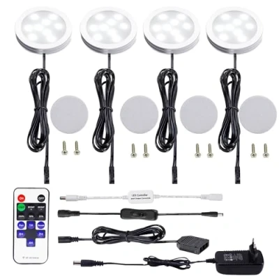 Immagine di AIBOO LED Luce Sottopensile Cucina Dimmerabile con Telecomando RF Wireless, Illuminazione A da Incasso per Armadio, EUR Spina, 4 Luci Display, 12V 8W Under Vetrine(Bianca Freddo 6000K)