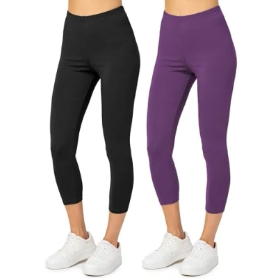 Immagine di Merry Style Leggings Donna 3/4 Pantaloni Capri Morbidi e Confortevoli Leggins in Cotone Traspirante Elastici Delicati sulla Pelle Sensibile (2 Pack) MS10 199 (Nero/Viola, XS)