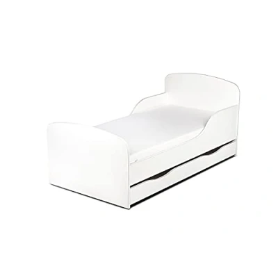 Immagine di leomark Letto per bambini in legno, cassetto e materasso, rete a doghe, mobili bambino, magnifiche stampe, dimensioni del materasso 140 x 70 cm, colore bianco, stile scandinavio