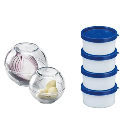 Immagine di Westmark Set da 6 Pezzi con 2 Ciotole Sferiche Salva Freschezza ø 7cm / 9cm + 4 Contenitori per Erbe Aromatiche 100 ml Ciascuno, Impilabili, Plastica, Senza BPA, Blu/Trasparente, 257222E6