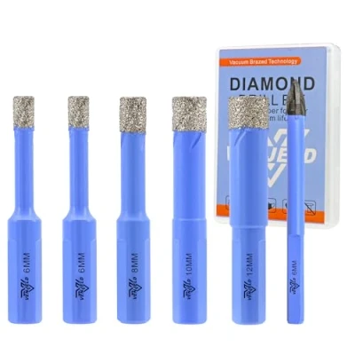 Immagine di VENJELD Punte Trapano Diamantate 5 Pezzi 6/6/8/10/12mm per Piastrelle e 6mm Punta in Carburo Ceramica Porcellana Marmo Granito Gambo a Triangolo con Custodia