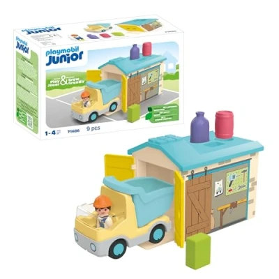 Immagine di Playmobil Junior 71686 Camion con cassone, inclusi cassone ribaltabile mobile e garage, giocattolo sostenibile realizzato in plastica a base vegetale, per bambini dai 12 mesi su