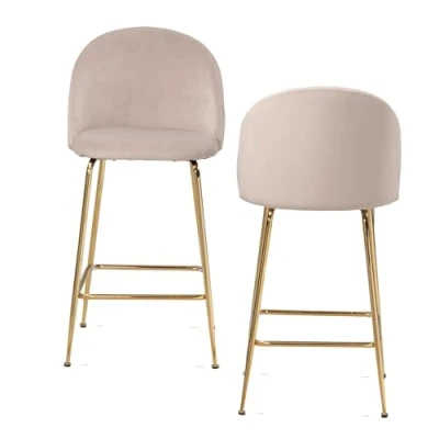 Immagine di Wohnling Set di 2 sgabelli da bar in velluto beige con schienale e gambe dorate, sgabello cucina tessuto scandinavo/metallo, 110 kg, design sedia bar, bistrò imbottito