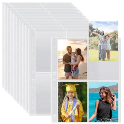 Immagine di Confezione da 50 bustine per foto a4 con 400 scomparti raccoglitori a 2/3/4 anelli, trasparenti cartoline 4 scomparti, buste plastica buchi(109x153 mm).