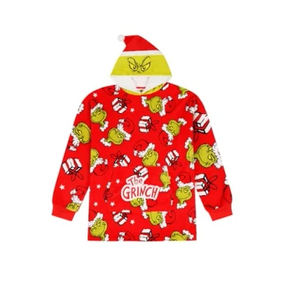 Immagine di The Grinch Felpa con cappuccio oversize in pile completamente foderata motivo natalizio, Rosso, 7 13 Years Plus