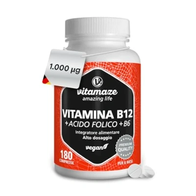Immagine di Vitamina B12 1000 mcg + 375 Acido Folico B6 ad alto Dosaggio (6 mesi di trattamento) 180 Compresse Vegan, Qualità Tedesca. Vitamaze®