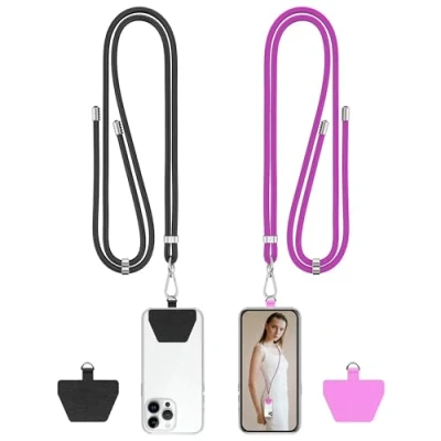 Immagine di COCASES 2 Pezzi Cordino per Telefono,Regolabile Tracolla Universale Catena Cellulare Compatibile con iPhone/Samsung/Huawei (Nero+Viola)
