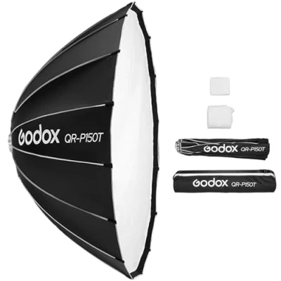 Immagine di Godox QR P150T Softbox parabolico a sgancio rapido da 150 cm/59 pollici professionale pieghevole con supporto Bowen standard e diffusori per studio fotografico Ritratto Streaming live